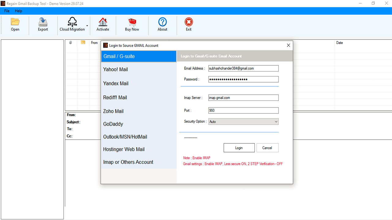 screenshot of Regain Gmail Backup and Migration
